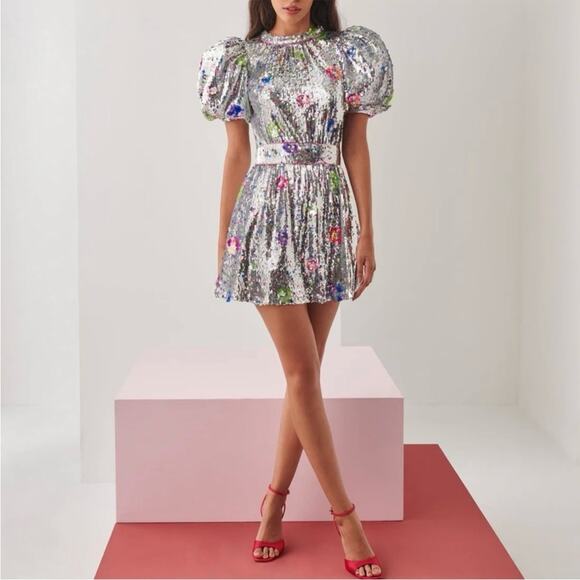 CeliaB Wonderer Silver Sequins Floral Statement Puff Sleeves Mini Dress NEW XXS - Picture 1 of 14